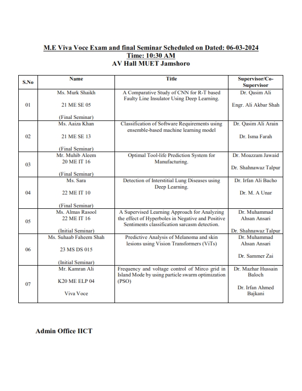 Schedule of initial & Final Seminar and Viva Voce of M.E students of