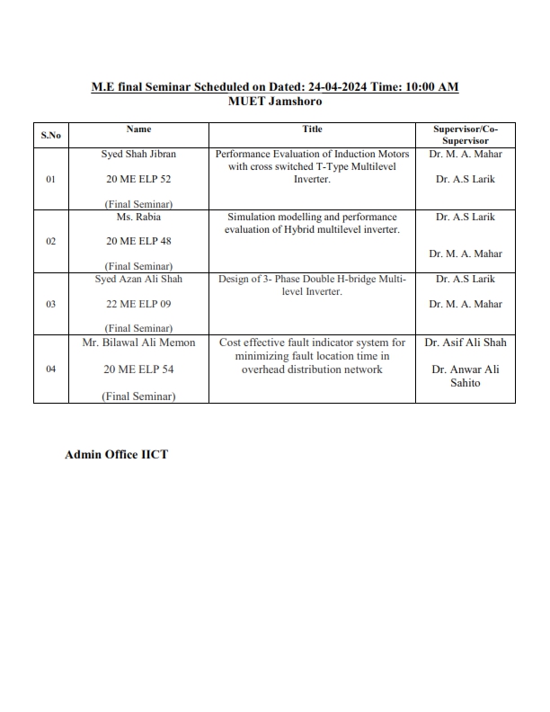 Schedule of Final Seminars of M.E students of IICT on April 24, 2024