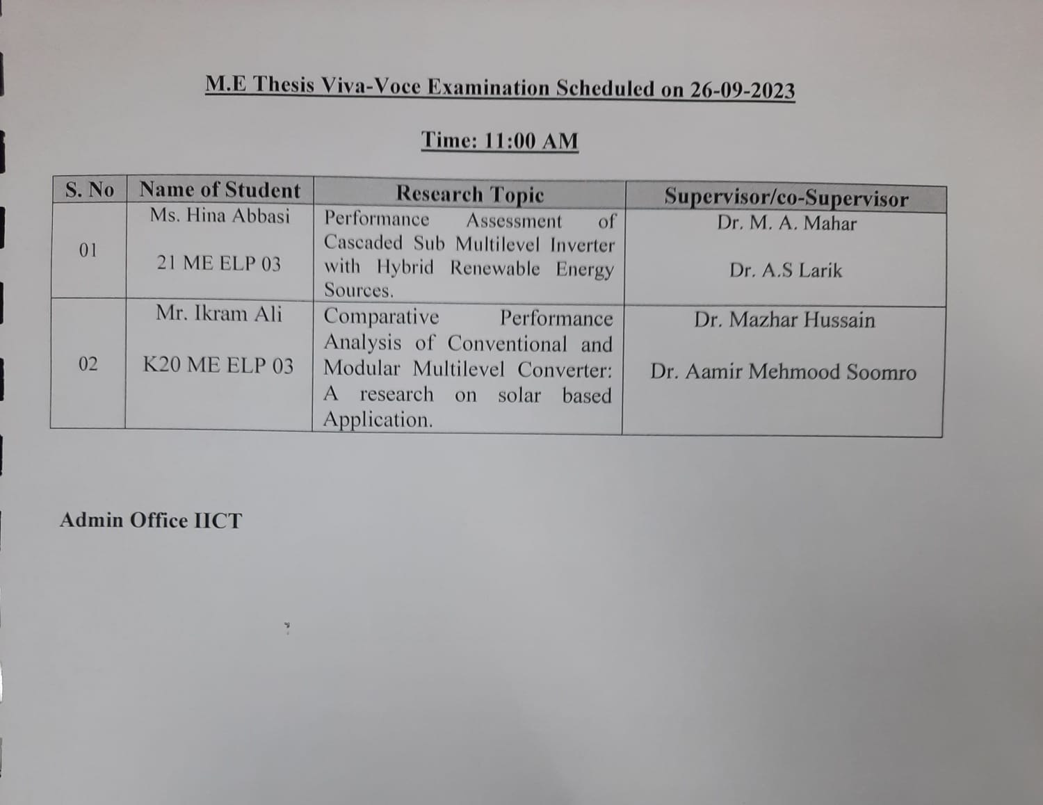 Schedule of Viva Voce of M.E student of IICT on July 18, 2024